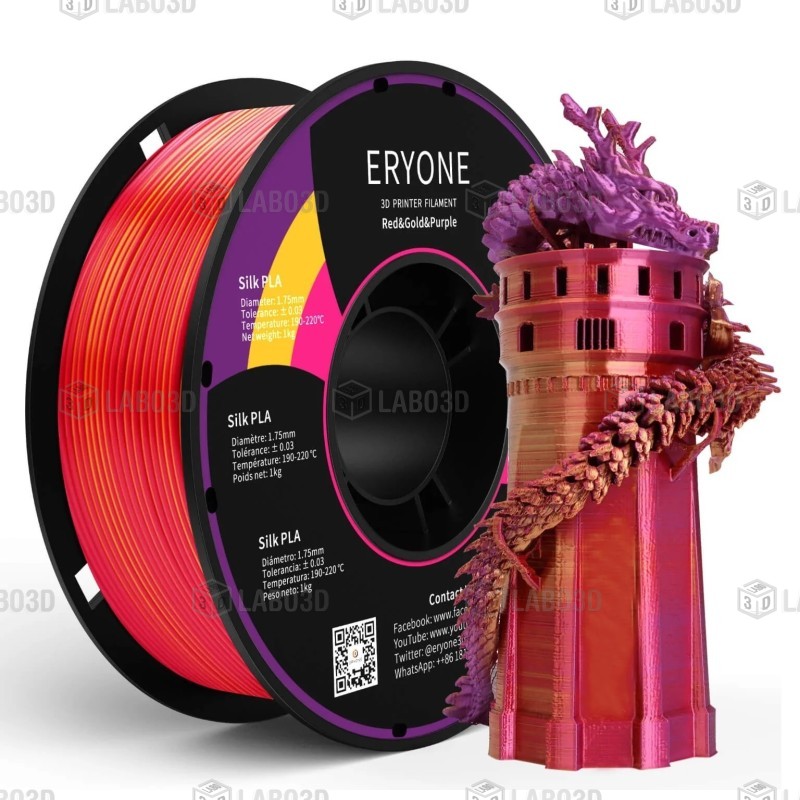 Eryone - PLA Silk Triple-Color - Rouge & Or & Mauve (Red & Gold & Purple) - 1.75mm - 1 Kg Eryone - PLA Silk Triple-Color - Rouge & Or & Mauve (Red & Gold & Purple) - 1.75mm - 1 Kg